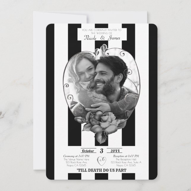 Convites Foto de casamento gótico de listras pretas e branc (Frente)