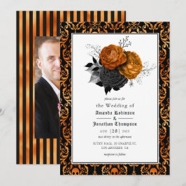 Convites Foto de casamento gótico floral preto e laranja