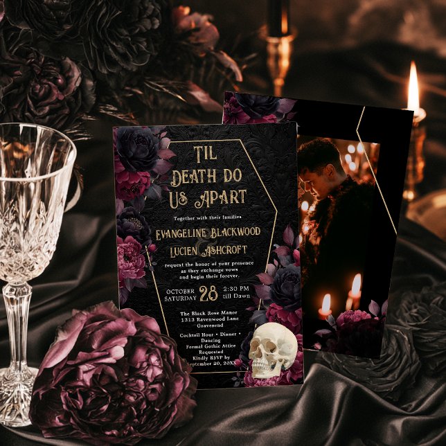 Convites Foto de casamento gótico 'Ouro Até que a Morte Nos (Gold Til Death Do Us Part Gothic Wedding Photo Invitation)