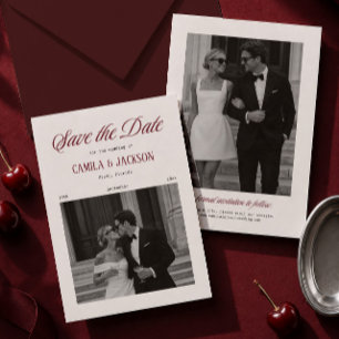 Convites Foto de Casamento Marfim e Borgonha para Save the