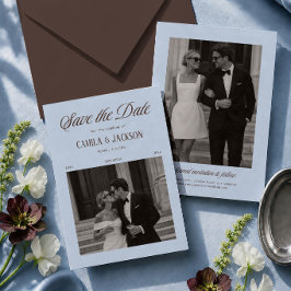Convites Foto de Casamento Marrom e Azul para Save the Date