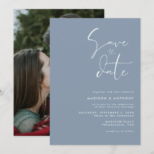Convites Foto de Casamento Minimalista Moderno Dusty Blue