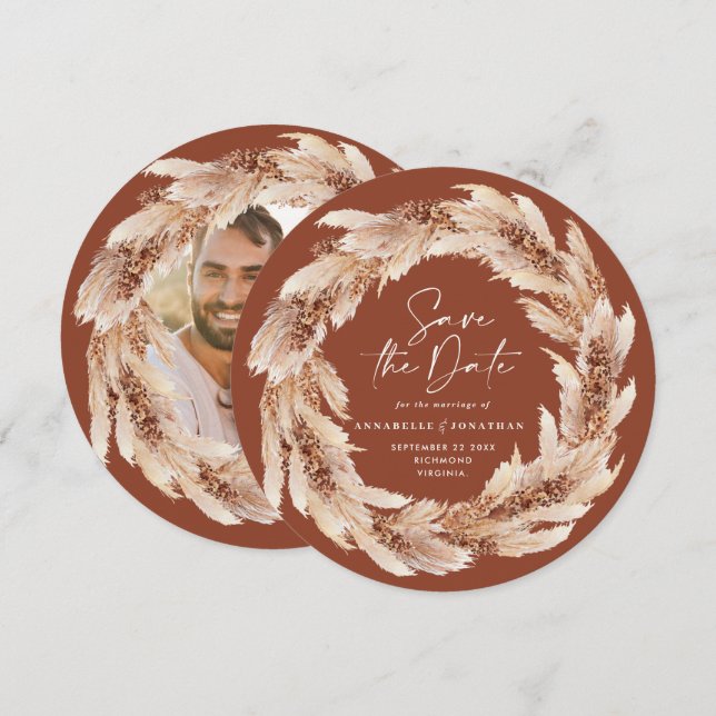 Convites Foto de casamento moderna boho terracota com grama (Frente/Verso)