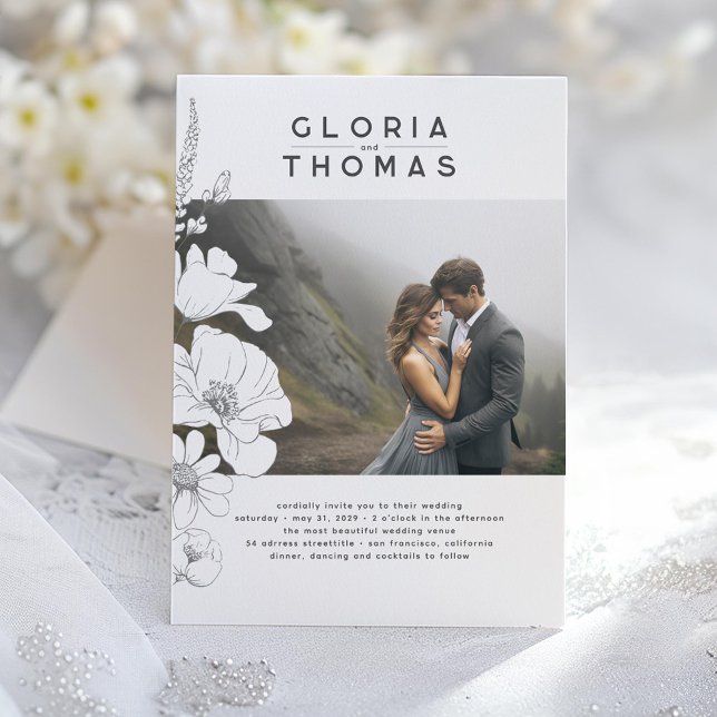 Convites Foto de Casamento Moderno Elegante de Flores Selva (Wildflowers Wedding Photo Invitation)