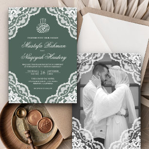 Convites Foto de casamento muçulmano verde com renda branca