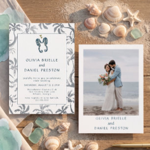 Convites Foto de casamento na praia com cavalo-marinho azul