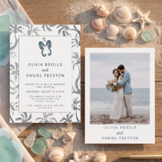 Convites Foto de casamento na praia com cavalo-marinho azul
