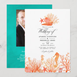 Convites Foto de Casamento na Praia com Turquesa e Coral