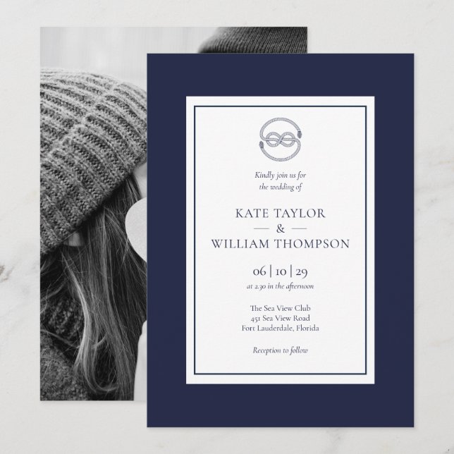 Convites Foto de casamento Navy Blue e Branco com Nó Náutic (Frente/Verso)