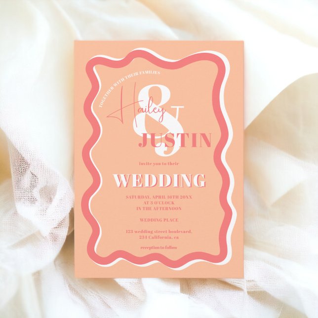 Convites Foto de casamento ondulada com cor de pêssego retr (Retro peach curve squiggle wavy wedding photo invitation)