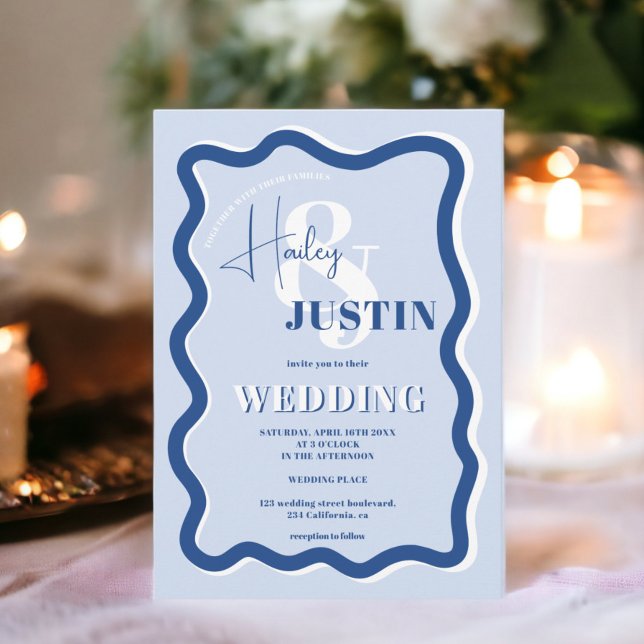 Convites Foto de casamento ondulada do rabo azul retrógrado (Retro blue curve squiggle wavy wedding photo invitation)
