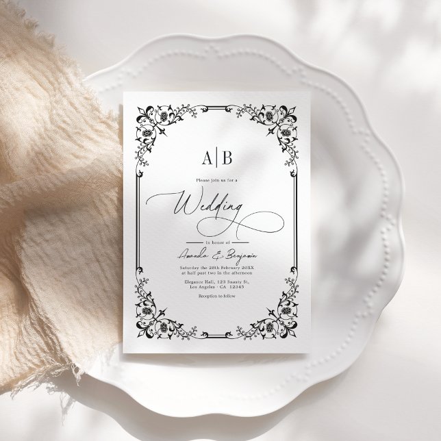 Convites Foto de casamento preto e branco com código QR e m (Monogram Black and White Wedding Photo and QR Code Invitation)