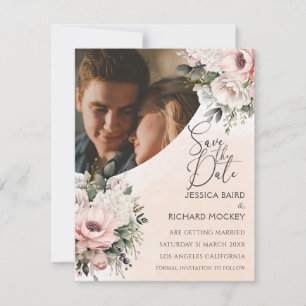 Convites Foto de casamento rosa com pincel floral Salve o c