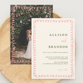 Convites Foto de Casamento Rosa e Verde Desenhado à Mão