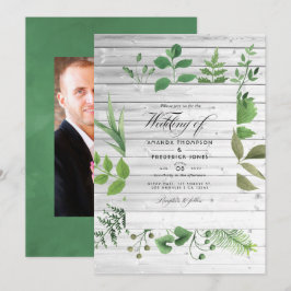 Convites Foto de Casamento Rustic Country Barn Greenery