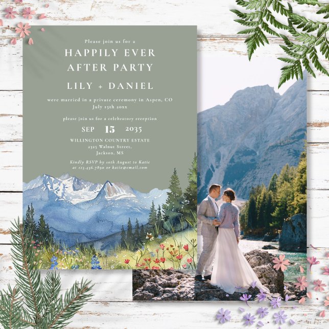 Convites Foto de casamento Sage da Montanha Felizes para Se (Happily Ever After Mountain Sage Wedding Photo Invitation)