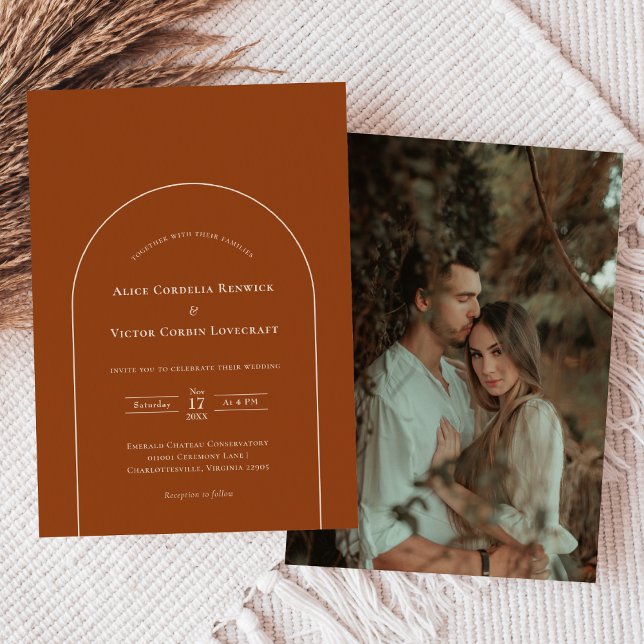 Convites Foto de Casamento Simples Boho Arch Terracotta (Criador carregado)