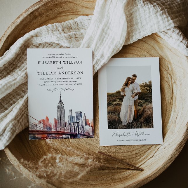 Convites Foto de Casamento Skyline Nova Iorque da Watercolo (Watercolor New York City Skyline Wedding Photo Invitation)
