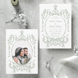 Convites Foto de casamento verde do Classic Floral Frame Sa