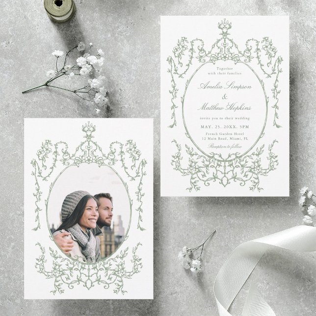 Convites Foto de casamento verde do Classic Floral Frame Sa (Front & Back)