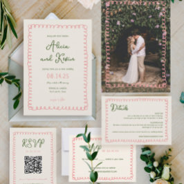 Convites Foto de Casamento Verde e Rosa Francês Desenhado à