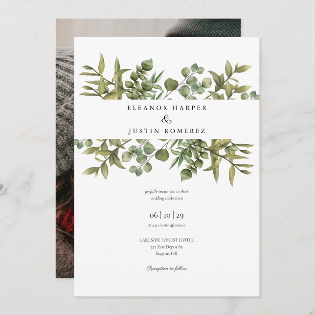 Convites Foto de Casamento Woodland Eucalyptus Greenery (Frente/Verso)