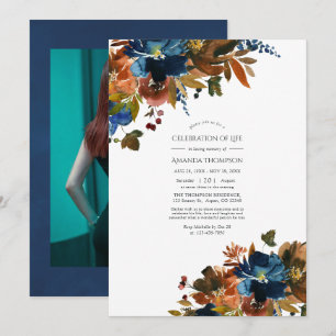 Convites Foto de Celebração da Vida Floral Gengibre e Azul-