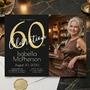 Convites Foto de Celebração de 60 anos Preto Dourado Aniver