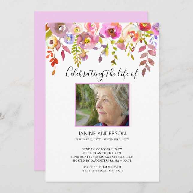 Convites Foto de Celebração de Vida Útil Floral de Watercol (Frente/Verso)