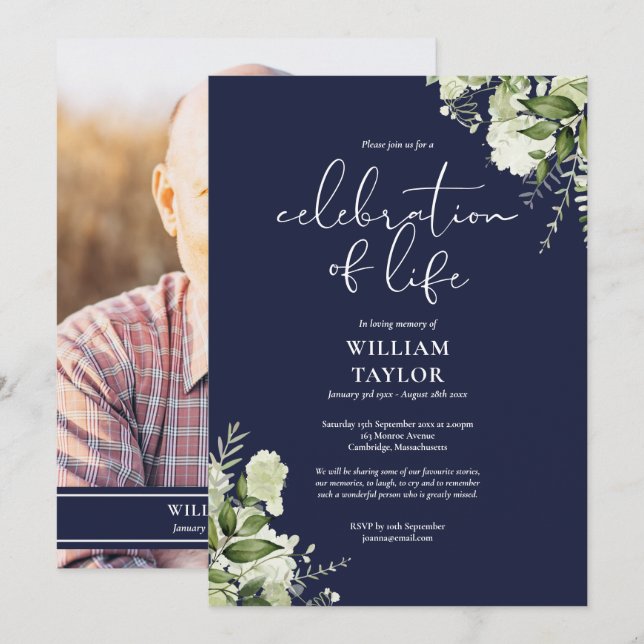Convites Foto de Celebração de Vida Verde Azul Marinho (Frente/Verso)