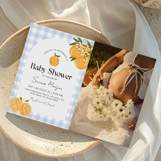 Convites Foto de Chá de Bebê de Laranja Gingham Cítrico