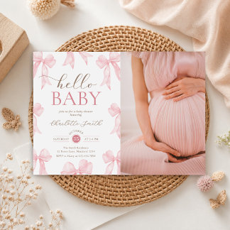 Convites Foto de Chá de Bebê Menina com Laço Coquette Rosa