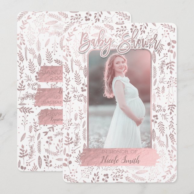 Convites Foto de Chá de Bebê Moderno com Brilho Rosa Dourad (Frente/Verso)