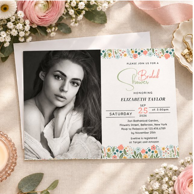 Convites Foto de Chá de Noiva com Flor Retro Fofa (Cute Retro Flower Bridal Shower Photo Invitation)