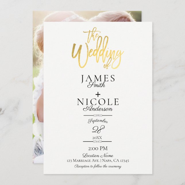 Convites Foto de Cheio de Folha Mínima de Ouro Moderna para (Frente/Verso)