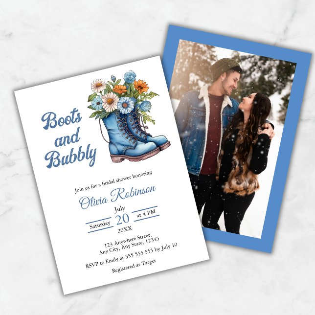 Convites Foto de Chuveiro de Noiva Botas Azuis Ocidentais e (Photo Western Blue Boots & Bubbly Bridal Shower Invitation )