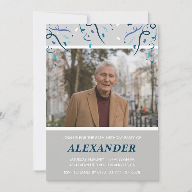 Convites Foto de Cinza para ele, Confetti, 88 anos (Frente)