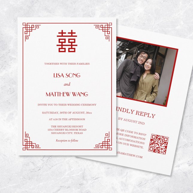 Convites Foto de Código QR | Casamento Chinês Vermelho Bran (Criador carregado)