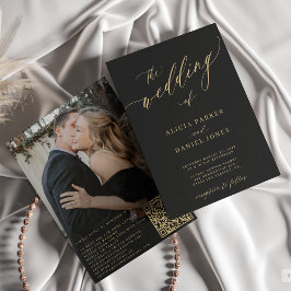 Convites Foto de código QR casamento negro de ouro elegante