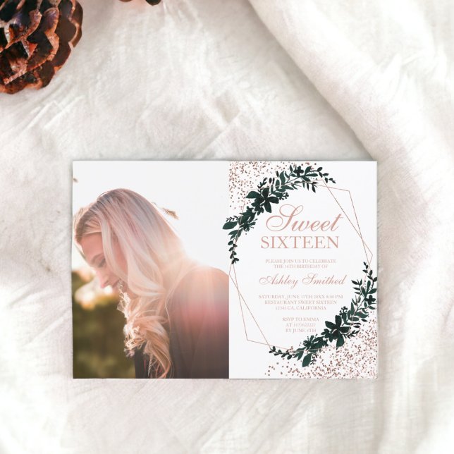 Convites Foto de confete verde com quadro rosa dourado Swee (Rose gold frame green confetti photo Sweet 16 Invitation)