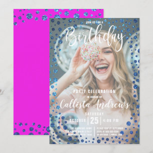 Convites Foto de Confetti Magenta Blue Glitter
