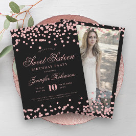 Convites Foto de Confetti Negro Dourado Elegante Rosa 16