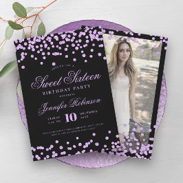 Convites Foto de Confetti Preto Roxo Elegante Doce 16