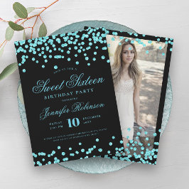 Convites Foto de Confetti Preto Turquesa Elegante Doce 16