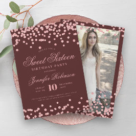 Convites Foto de Confetti, rosa Dourada Burgundy, Sweet 16