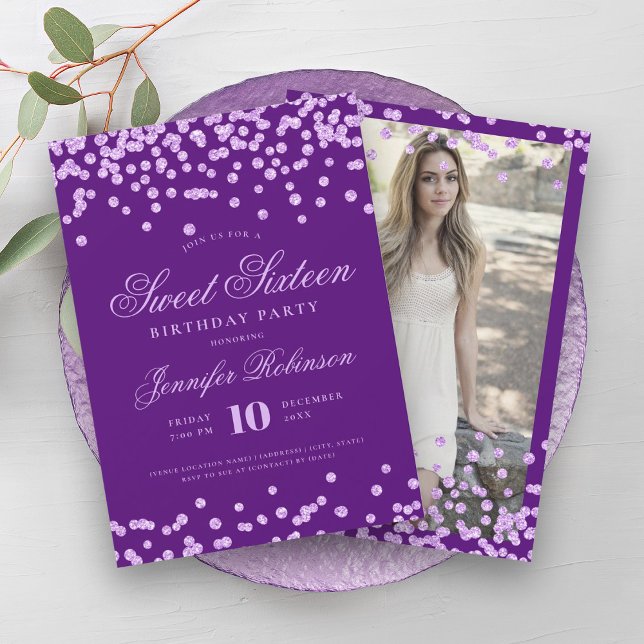 Convites Foto de Confetti Roxo Elegante Sweet 16 (Elegant Purple Confetti Photo Sweet 16 Invitation)