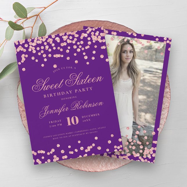 Convites Foto de Confetti Roxo rosa Dourado Sweet 16 (Rose Gold Purple Confetti Photo Sweet 16 Invitation)