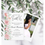 Convites Foto de cor aquosa floral pastel suave Sweet 16<br><div class="desc">Celebre o dia especial de sua filha com esta foto floral de cor d'água pastel suave Sweet 16 com bonito rosas rosa e aquarela floral verde,  um roteiro elegante,  e apenas adicione sua foto no verso.</div>