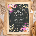 Convites Foto de cor d'água floral Dourada brilhante doce 1<br><div class="desc">Primavera chic, cor-de-rosa-verão, cor de água floral roxa e laranja e tipografia de confetti com brilho dourado 16 anos com flores pintadas à mão, ramos de folha de aquarela verde com estrutura de terrário geométrico dourado em fundo escuro, perfeito para todas as estações festa de aniversário, adicione sua foto no...</div>