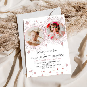 Convites Foto De Crianças De Aniversário Duplo, Rosa, Rosa
